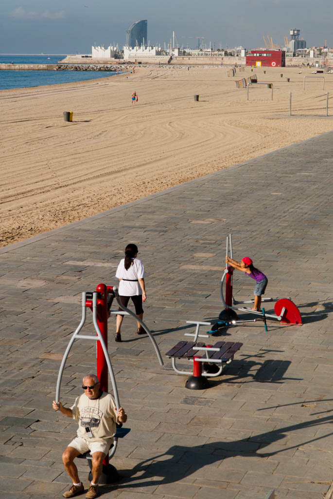 Beach of Barcelona, Spain. People in the fitness area
